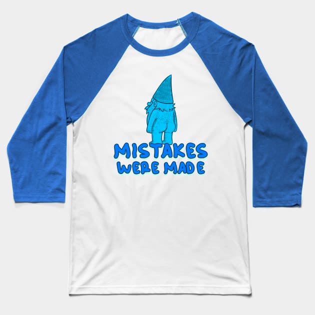 “Mistakes Were Made” Naked Gnome In Blue Baseball T-Shirt by Tickle Shark Designs
